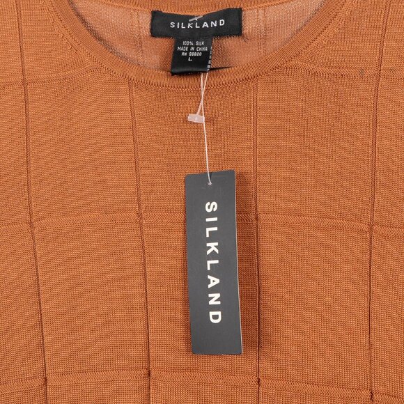 Silkland Silk Sweater L Womens NEW Short Sleeve Coffee Brown Stitching Stretch - Picture 4 of 5